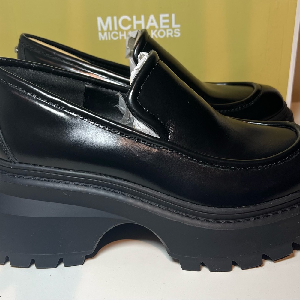 Michael Kors Black Leather Platform Wedge Loafers